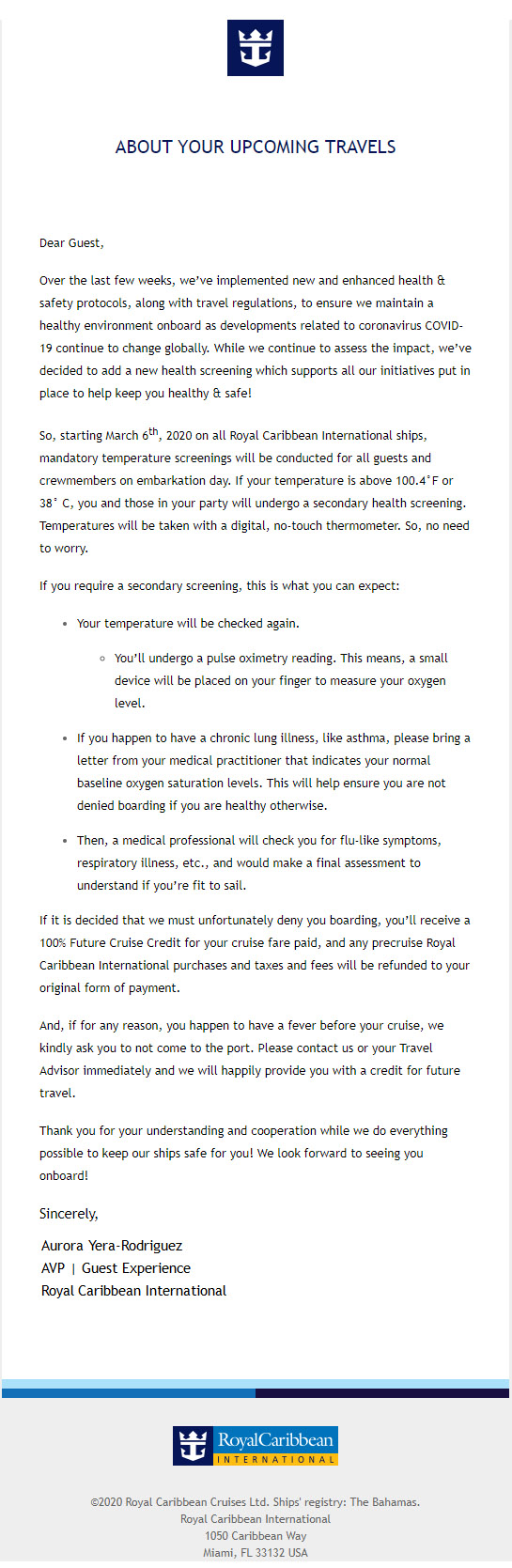 Letter sent to guests to inform them of mandatory temperature screenings