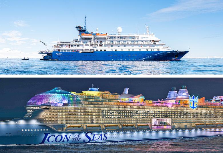 side by side image of a small vs big cruise ship